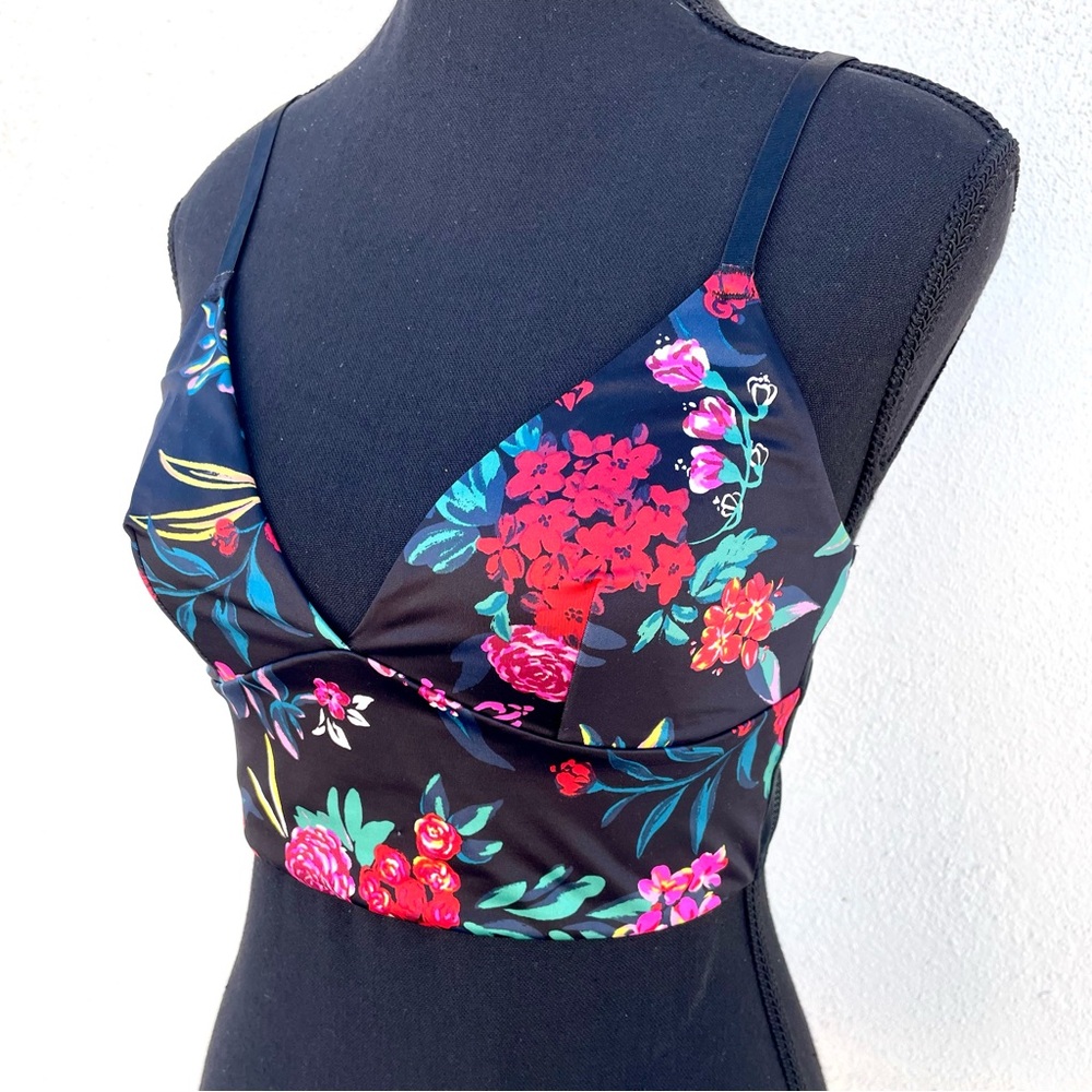Satin and Fine Mesh Black Bralette Tropical Floral Print Longline Crop Small GUC - Picture 2 of 10